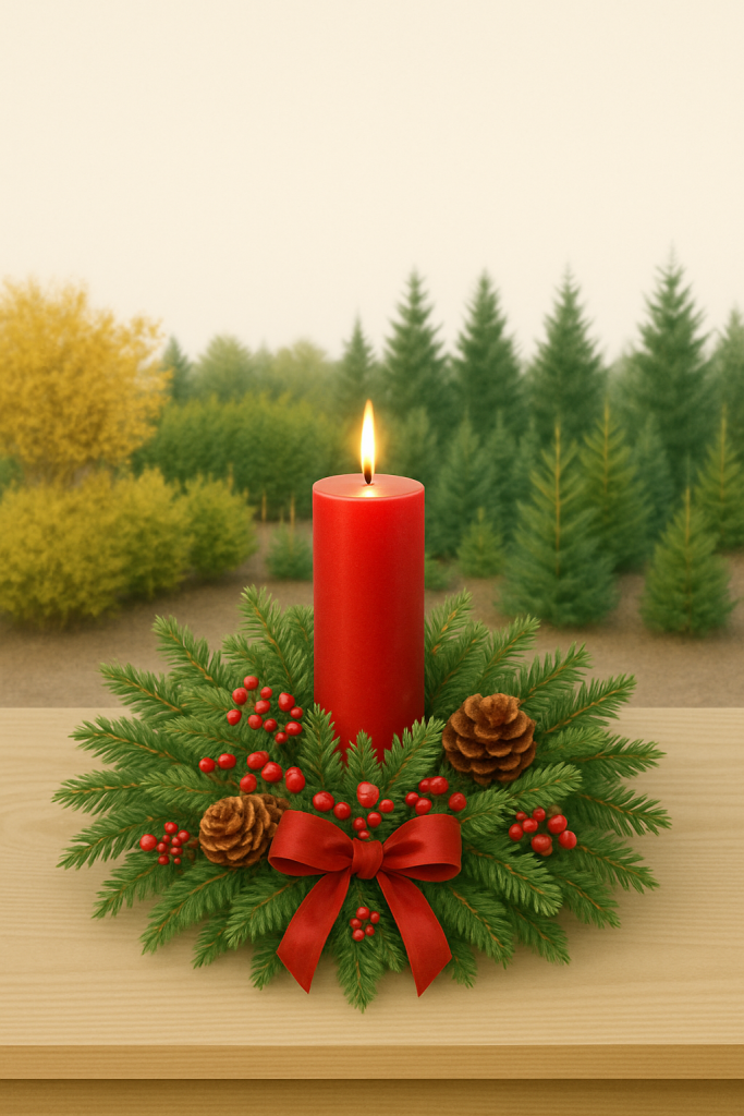brennende rote Kerze auf einem Adventsgesteck,. Im Hintergrund Nadelgehölze einer BAumschule